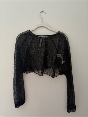 Zara Black Sheer Lace Cropped Long-Sleeve Top